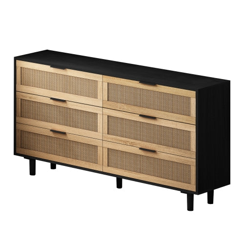 59 Inch Black Rattan 6 Drawer Storage Cabinet Dresser for Bedroom Living Room Anti Tip