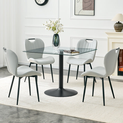 5-Piece Square Glass Dining Set, Single-Column Table & 4 Light Gray PU Handle Chairs