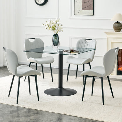 5-Piece Square Glass Dining Set, Single-Column Table & 4 Light Gray PU Handle Chairs