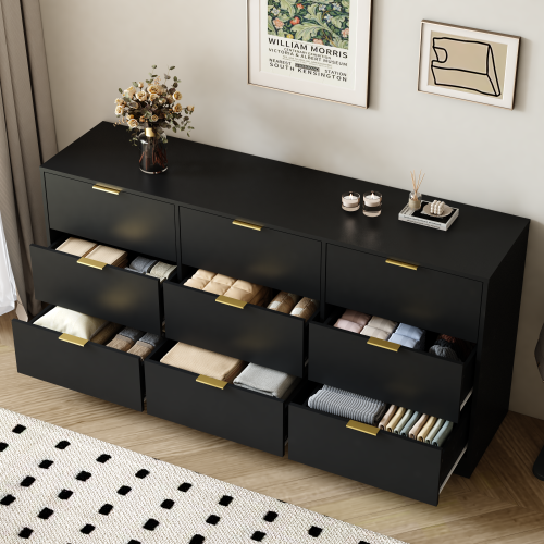 Black 9 Drawer Dresser, 63" Large Deep Chest of Drawers, Wooden Dresser Storage Cabinet with 9 Drawers for Bedroom, Long Dressers for Living Room, Hallway