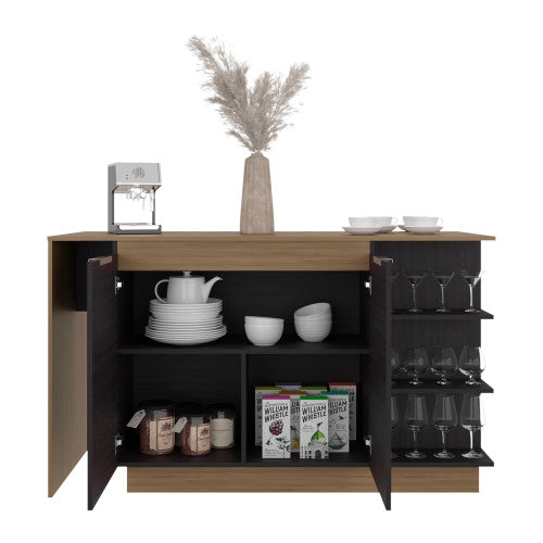 Kitchen Bar Counter with Shelves and Cabinets, Black Wengue / Natural Oak