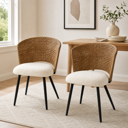 PE Rattan Dining Chairs with Teddy Cushions and Metal Legs, Set of 2, Beige/Brown