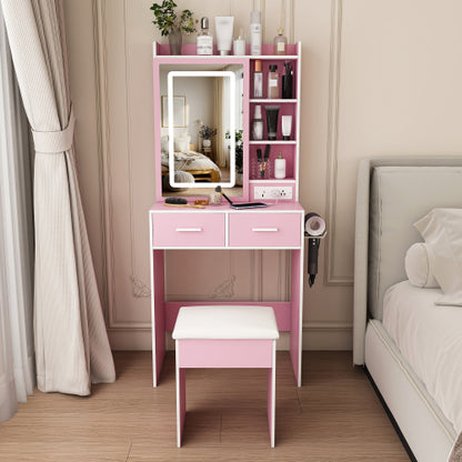 Pink Small LED Vanity Desk, Built in USB?AC Outlet, Hair Dryer Stand, Hidden Storage & Padded Stool