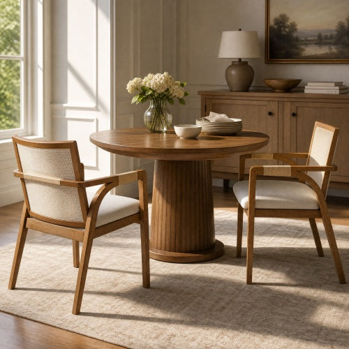 Set of 2 Walnut Rubber Wood Dining Arm Chairs, Textilene Back & PE Rattan Armrest