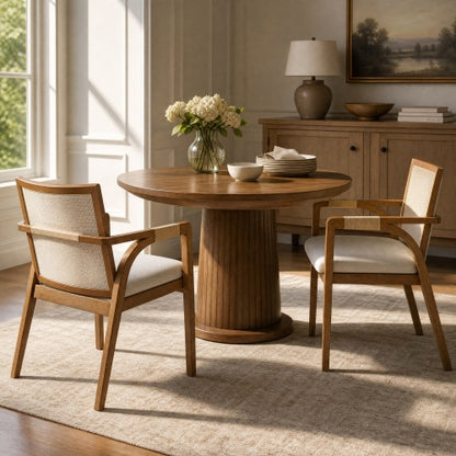 Set of 2 Walnut Rubber Wood Dining Arm Chairs, Textilene Back & PE Rattan Armrest