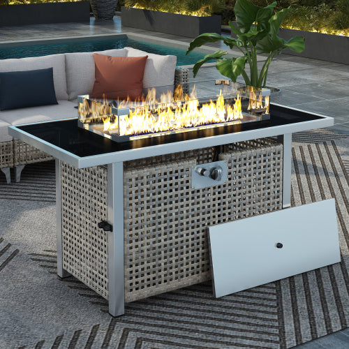 43 Propane Gas Fire Pit Table, 60000 BTU Rectangular Open Weave Wicker Fire Pit with Glass Wind Guard for Outside Patio Deck Garden Backyard