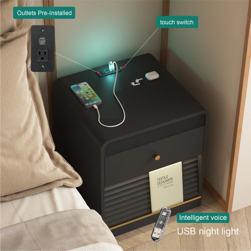 Black Smart Nightstand, Voice Control Night Light, Touch LED Strip & Charging Station