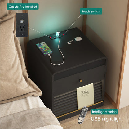 Black Smart Nightstand, Voice Control Night Light, Touch LED Strip & Charging Station