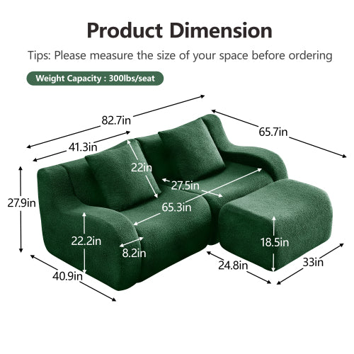 Green L-Shaped 2-Seat Boneless Teddy-Fabric Modular Sofa Curved Armrest No-Assembly Non-Slip