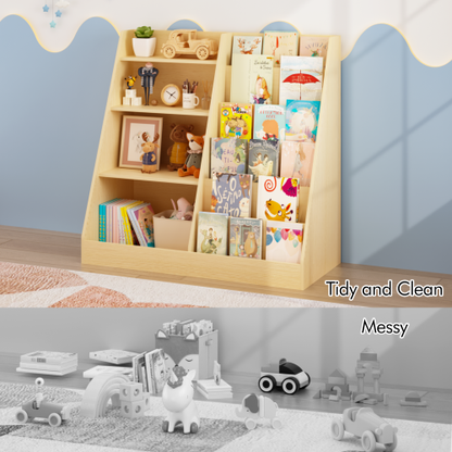 Natural Tone 4-Tier Kids MDF Bookshelf with Anti-Tip Kit, 2-Shelf 1-Bin Nursery Toy Storage Rack