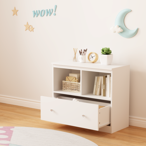 White Kids Storage Cabinet 2 Open Shelves With Full-Width Drawer Anti-Tip Design For Playroom Nursery