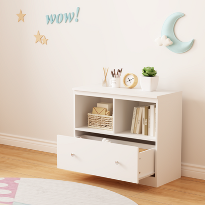 White Kids Storage Cabinet 2 Open Shelves With Full-Width Drawer Anti-Tip Design For Playroom Nursery