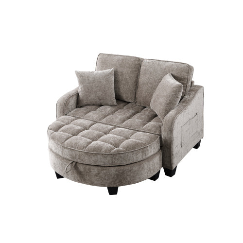 Brown 2-Seater Irregular Curved Sofa Chaise, Storage Footrest,2 Throw Pillows