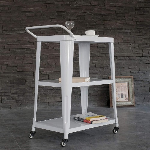 3-Tier Metal Rolling Cart Swivel Rollers Durable Utility Table Wheels with Handle All Metal Frame Easy Mobility Versatile Kitchen Stand Bar Serving Use White 1pc