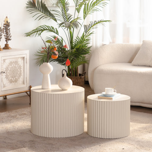 2-Piece Beige Nesting Drum Coffee Table with Wave Stripes