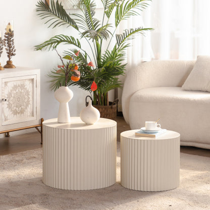 2-Piece Beige Nesting Drum Coffee Table with Wave Stripes