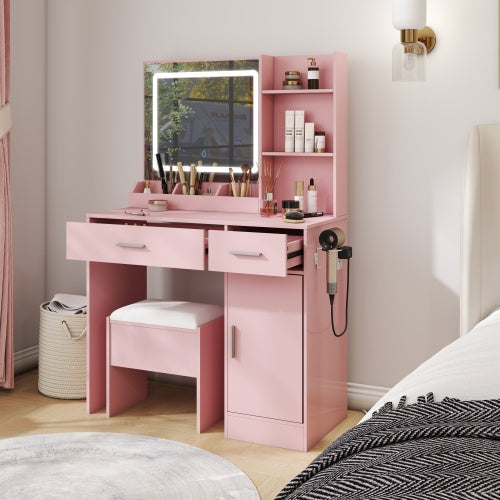 Lavin Pink Makeup Vanity Set with LED Mirror, Charging Station, Stool, 2 Drawers, Open Shelves & Storage Cabinet