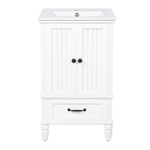 20" Bathroom Vanity with Sink, Bathroom Cabinet with Two Doors, Magnetic Door Stopper and Adiustable Foot Pads, A Drawer, White