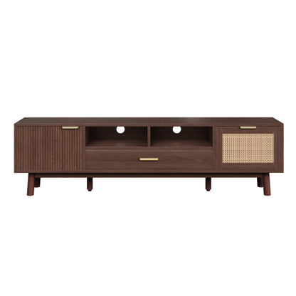 66.9 Inch Dark Brown Rattan TV Stand with Soft-Closing & Drop-Down Doors for 75 Inch TV