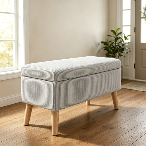 32 inch Beige Corduroy Storage Ottoman Bench with Flip Top