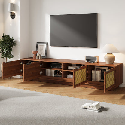78.74 inch Walnut 4 Door PE Rattan Legless TV Stand Large Hidden Storage Media Console For 85 inch TV