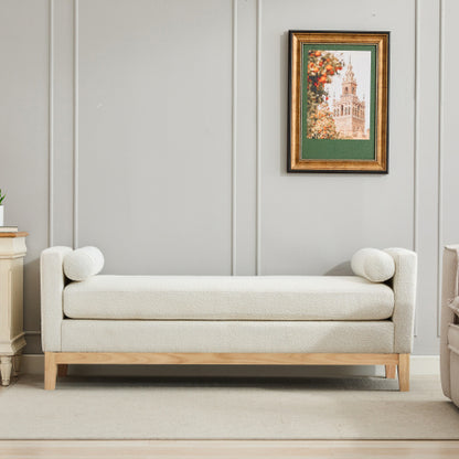 66.34inch W Elegant Upholstered Bench,Daybed, Ottoman with Nature Wood Legs & 2 Bolster Pillows for End of Bed, Bedroom, Living Room, Entryway,Ivory Boucle