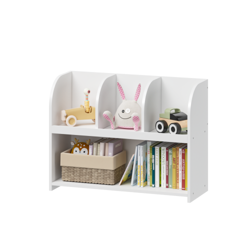 White 4-Compartment Kids Safety Bookcase, MDF Toy Storage Rack Max Load 25Lbs with Wall Buckle