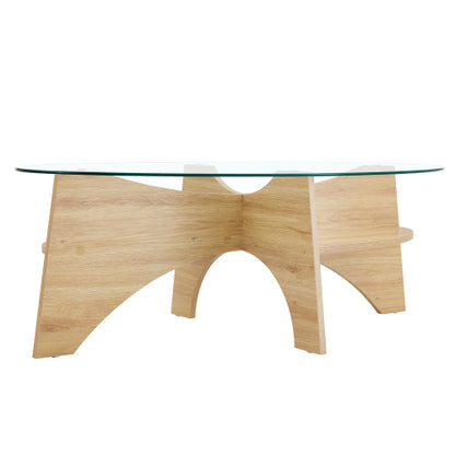 Oval Tempered Glass Coffee Table 41.3 Inch Wood Grain Legs Modern Accent