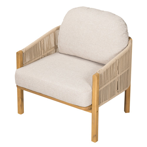 Grotta Outdoor Wood Club Chair, Beige Rope with Beige Cushion