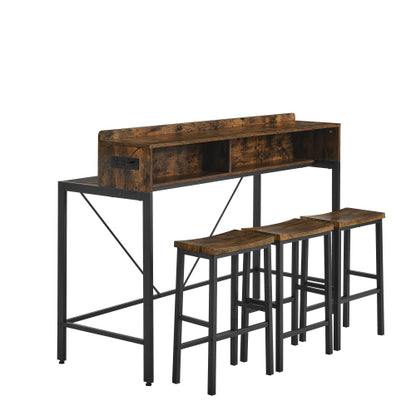 4-Piece 59inch  Bar Table Set with LED Light & Outlet, MDF Table & 3 Saddle Stools for Living Room