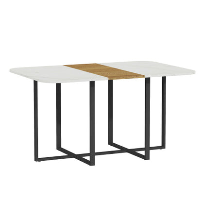 Modern Dining Table for 4-6 with Faux Marble Top and Walnut Accent