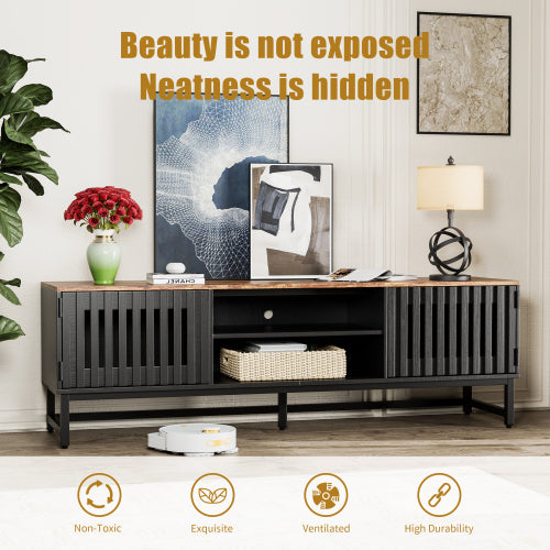 63 Inch Black MDF TV Stand Slatted Grille Doors Media Console Holds 60 Inch TV