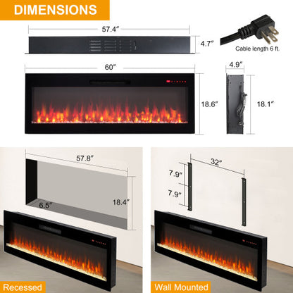 Smart 60" WiFi-Enabled Electric Fireplace Heater, Recessed in-Wall and Wall-Mounted