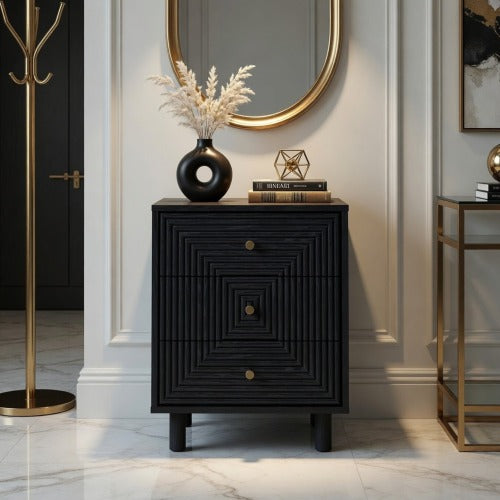 18.7inch Black Modern Nightstand, 3 Geometric Drawers with Gold Knobs & Solid Wood Legs