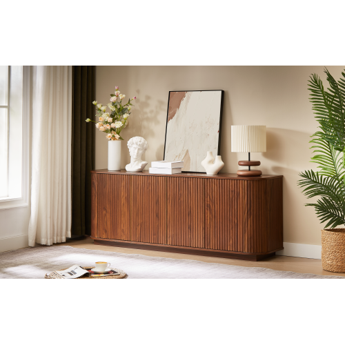 Walnut Wave Pattern Sideboard TV Stand 64 Inch Wide Storage Cabinet with Push to Open Doors