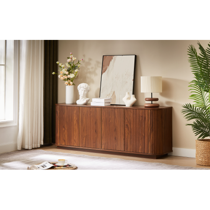 Walnut Wave Pattern Sideboard TV Stand 64 Inch Wide Storage Cabinet with Push to Open Doors