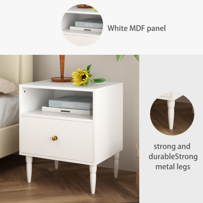 Modern White Nightstand with Drawer and Open Shelf, Bedside Table with Gold Knob, Solid Wood Legs, Small End Table for Bedroom, Living Room