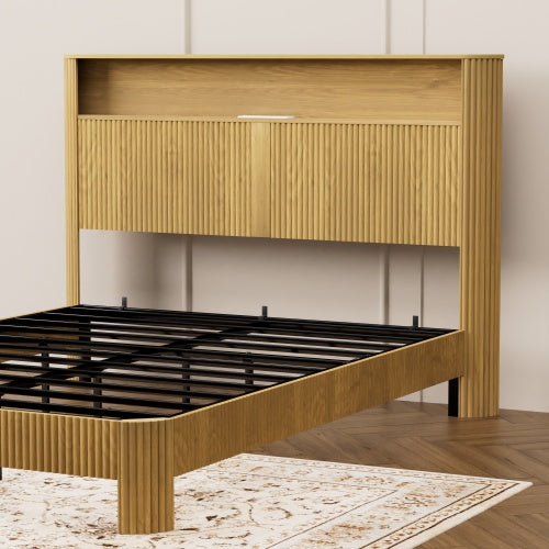 Queen Size bed frame with storage headboard, built-in charging station, wavy curved lines design, silent operation, metal support, Natural