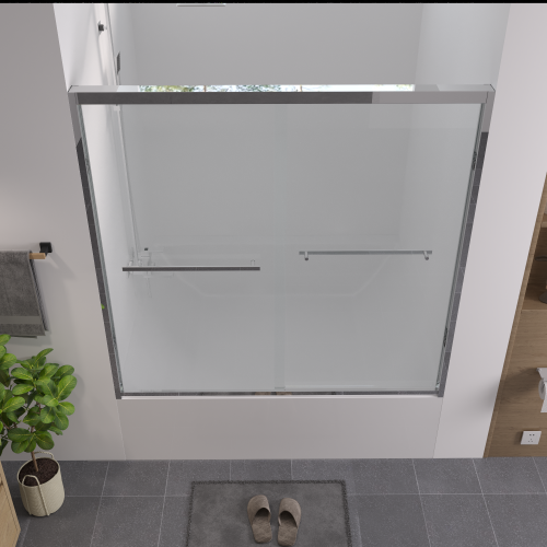 56-60"x58" Aluminum Frame Double Sliding Bathtub Screen, Bypass Bathroom Sliding Door with Premium 1/4" (6mm) Clear Tempered Glass, Chrome Hardware Sliding Glass Shower Enclosure,Chrome Finished