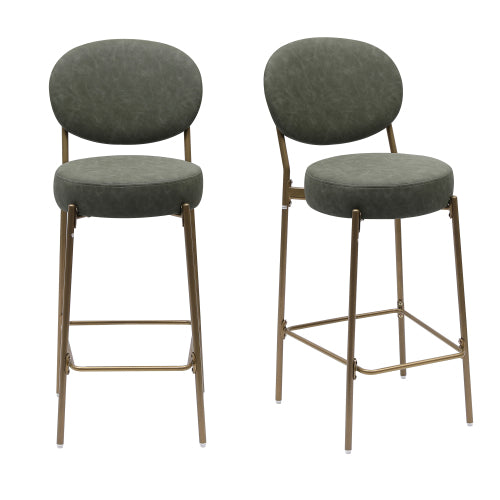 29inch  H Seat Height Upholstered Bar Stools Set of 2 Faux Leather Counter Dining Stool with Golden Legs Modern Round Kitchen Chairs (Green)
