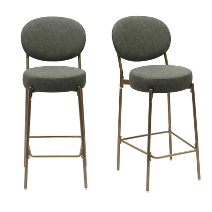 29inch  H Seat Height Upholstered Bar Stools Set of 2 Faux Leather Counter Dining Stool with Golden Legs Modern Round Kitchen Chairs (Green)