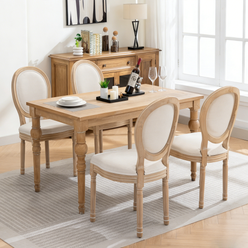 Wood Dining Chairs with Linen Upholstered Backs, Set of 2, Beige