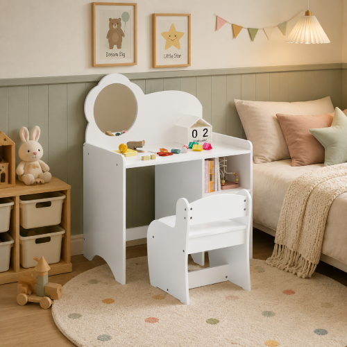 Kids Vanity Table with Mirror and Chair, Wooden Children's Dressing Makeup Desk with Storage Shelves, Playroom Bedroom, White