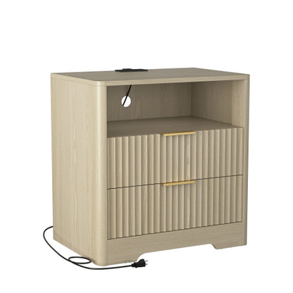 Wood Smart Nightstand, 7-Color Voice Control Night Light & Built-In Charging Station