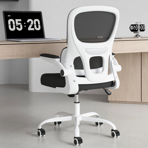 Office Chair, Mesh Ergonomic Office Chair with Lumbar Support, Comfy Computer Desk Chair with Flip Armrest Rolling Wheels for Home Study Room Office, White & Black