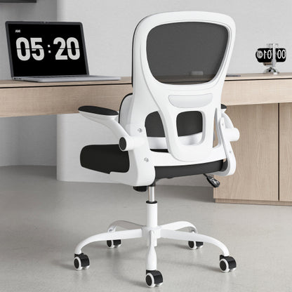 Office Chair, Mesh Ergonomic Office Chair with Lumbar Support, Comfy Computer Desk Chair with Flip Armrest Rolling Wheels for Home Study Room Office, White & Black