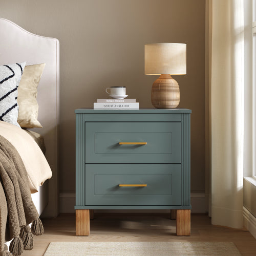 Blue Fluted Nightstand, 2-Drawer Bedside Table with Metal Handles & Solid Wood Legs