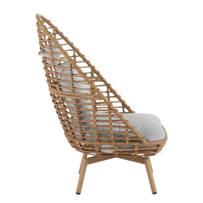 Ellis Outdoor Wicker High-back Swivel Lounge Chair, Teak Finished Leg, Light Brown Faux Rattan and Beige Cushion