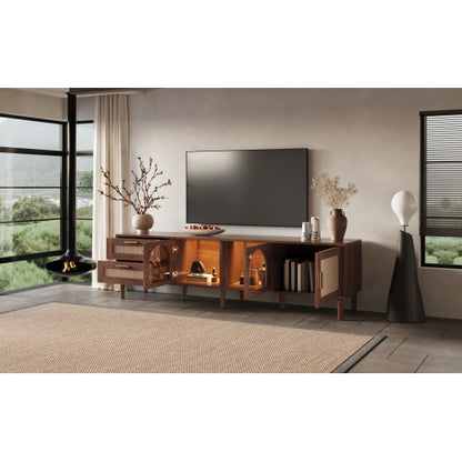 Rattan TV Stand with Drawers Glass Doors and LED Lights for 80 Inch TVs