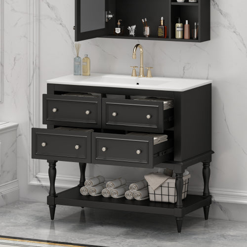 36" Bathroom Vanity Cabinet with Sink Combo Set, Undermount Ceramic Sink, Free Standing Vanity Set with 4 Drawers, Solid Wood Frame Bathroom Cabinet, Black